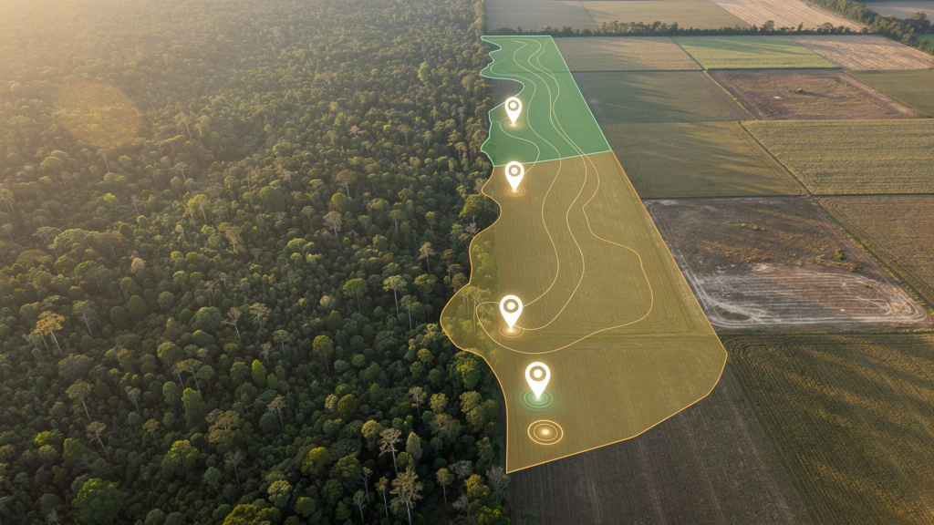 Mapa satelitarna z poligonami działek nałożonymi na warstwę utraty pokrywy leśnej - dowód no-deforestation pod EUDR